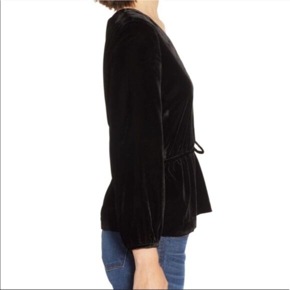 Black J. Crew Velvet Faux Wrap V-Neck Long Sleeve Top (NWT) - Picture 3 of 5